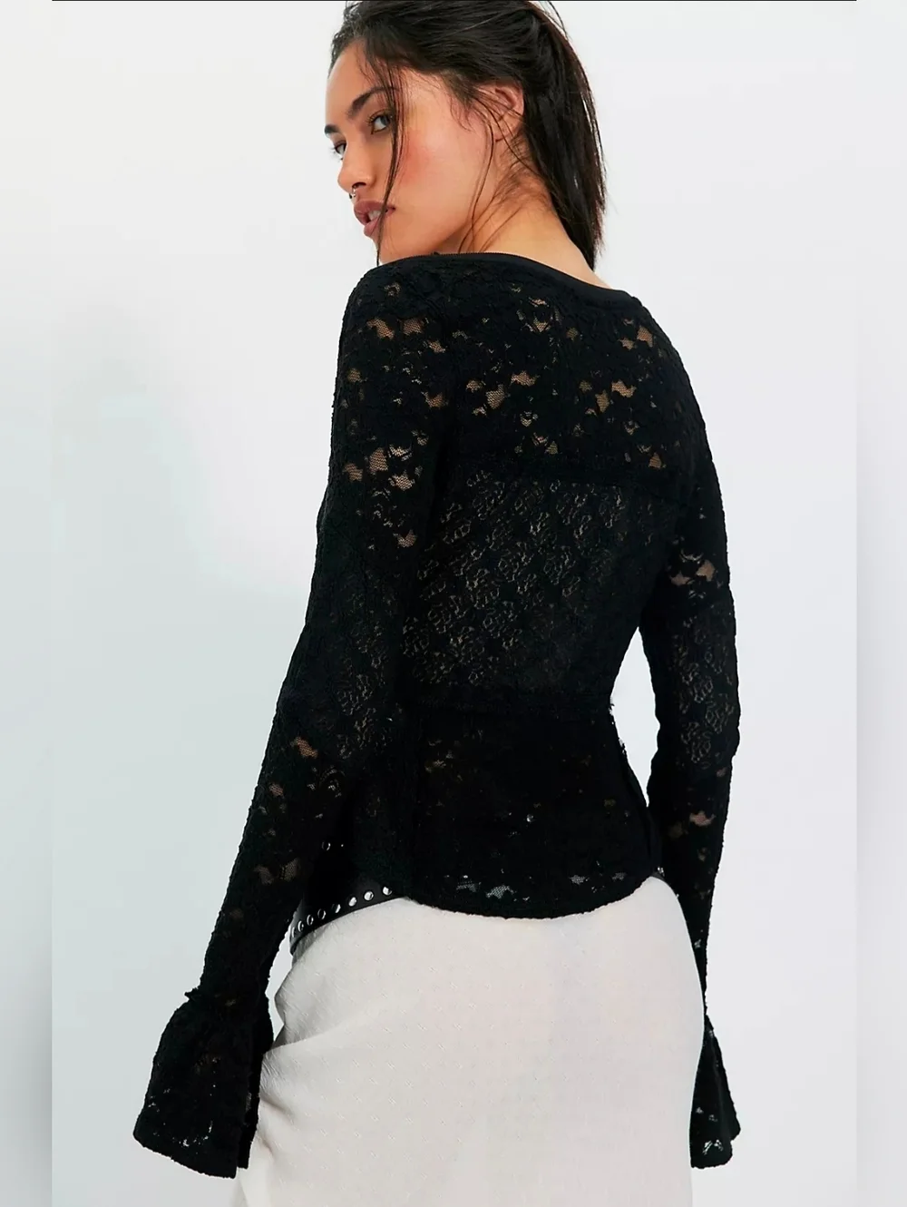 Free People Black Sheer Lace Long Sleeve Flared Cuffed Top